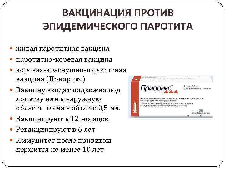 ВАКЦИНАЦИЯ ПРОТИВ ЭПИДЕМИЧЕСКОГО ПАРОТИТА живая паротитная вакцина паротитно-коревая вакцина коревая-краснушно-паротитная вакцина (Приорикс) Вакцину вводят