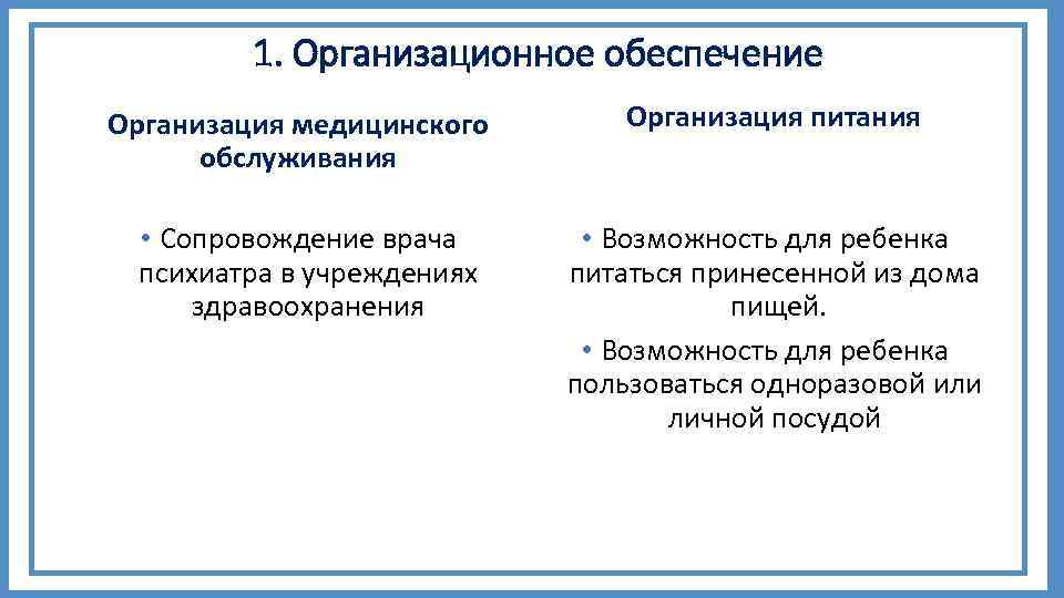 1. Организационное обеспечение Организация медицинского обслуживания • Сопровождение врача психиатра в учреждениях здравоохранения Организация