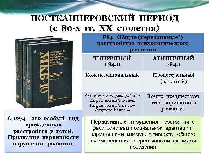 ПОСТКАННЕРОВСКИЙ ПЕРИОД (с 80 -х гг. ХХ столетия) F 84 Общие (первазивные*) расстройства психологического