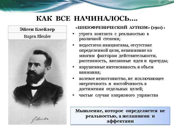 КАК ВСЕ НАЧИНАЛОСЬ…. Эйген Блейлер Eugen Bleuler «ШИЗОФРЕНИЧЕСКИЙ АУТИЗМ» (1911) : • • •