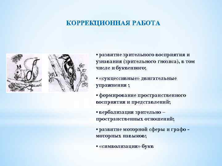 КОРРЕКЦИОННАЯ РАБОТА • развитие зрительного восприятия и узнавания (зрительного гнозиса), в том числе и