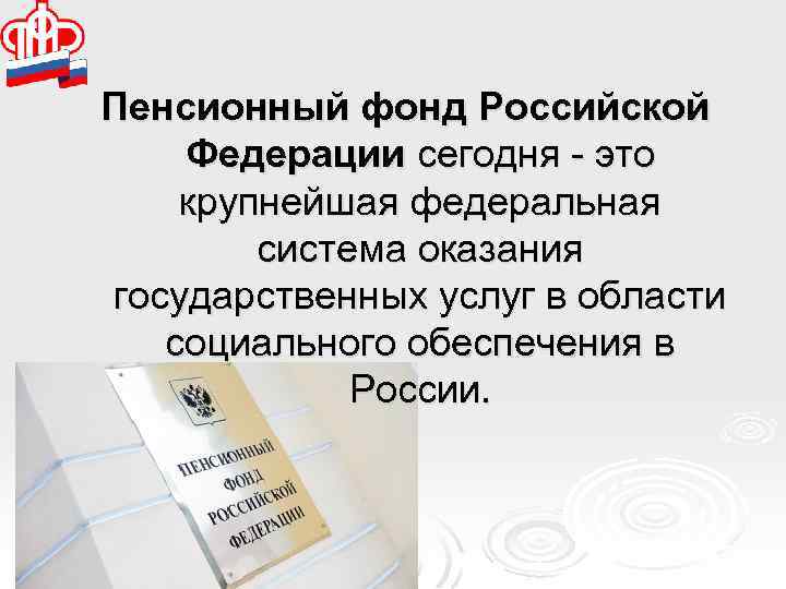 Пенсионный фонд Российской Федерации сегодня - это крупнейшая федеральная система оказания государственных услуг в