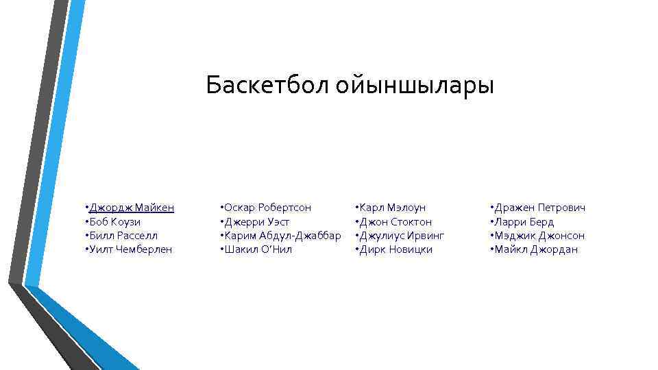 Баскетбол ойыншылары • Джордж Майкен • Боб Коузи • Билл Расселл • Уилт Чемберлен