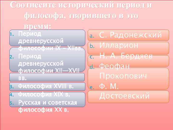 Соотнесите исторический период и философа, творившего в это время: 1. 2. 3. 4. 5.