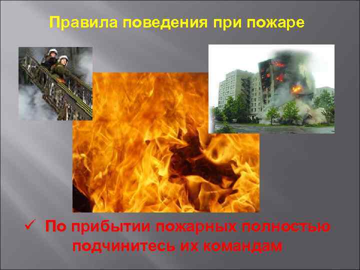Правила поведения при пожаре ü По прибытии пожарных полностью подчинитесь их командам 