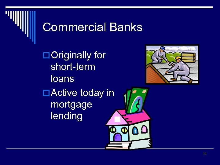 Commercial Banks o Originally for short-term loans o Active today in mortgage lending 11