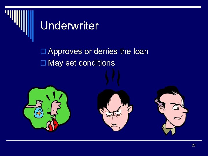 Underwriter o Approves or denies the loan o May set conditions 20 