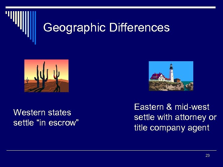 Geographic Differences Western states settle “in escrow” Eastern & mid-west settle with attorney or