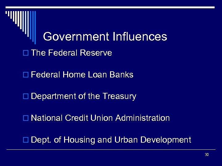 Government Influences o The Federal Reserve o Federal Home Loan Banks o Department of