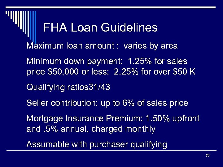 FHA Loan Guidelines Maximum loan amount : varies by area Minimum down payment: 1.