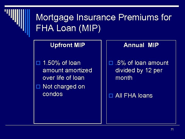 Mortgage Insurance Premiums for FHA Loan (MIP) Upfront MIP o 1. 50% of loan