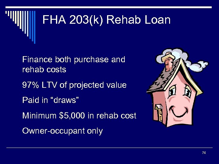 FHA 203(k) Rehab Loan Finance both purchase and rehab costs 97% LTV of projected