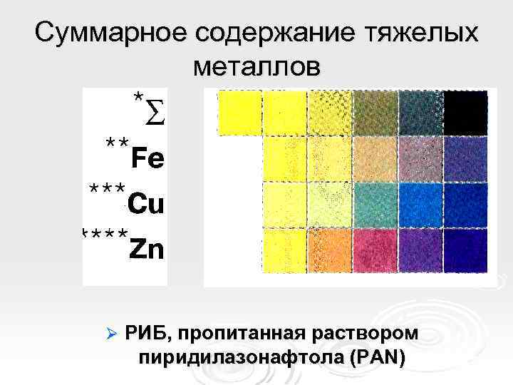 Суммарное содержание тяжелых металлов Ø РИБ, пропитанная раствором пиридилазонафтола (PAN) 