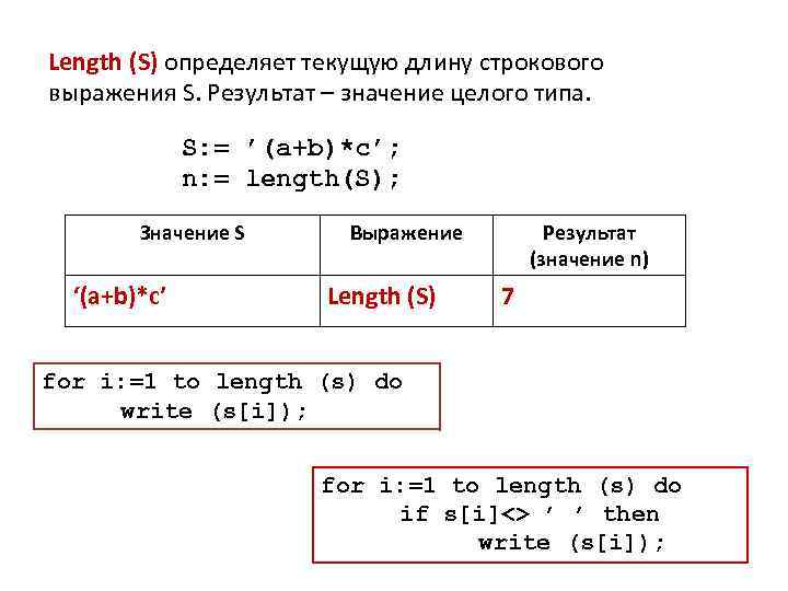 Length (S) определяет текущую длину строкового выражения S. Результат – значение целого типа. S: