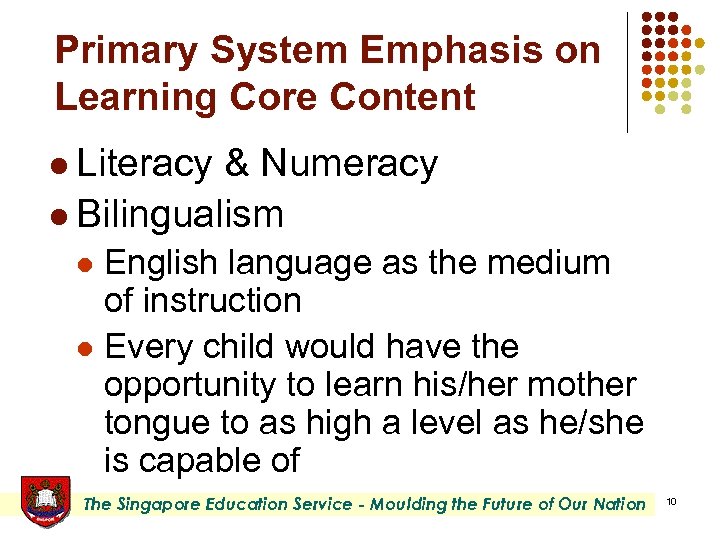 Primary System Emphasis on Learning Core Content l Literacy & Numeracy l Bilingualism English