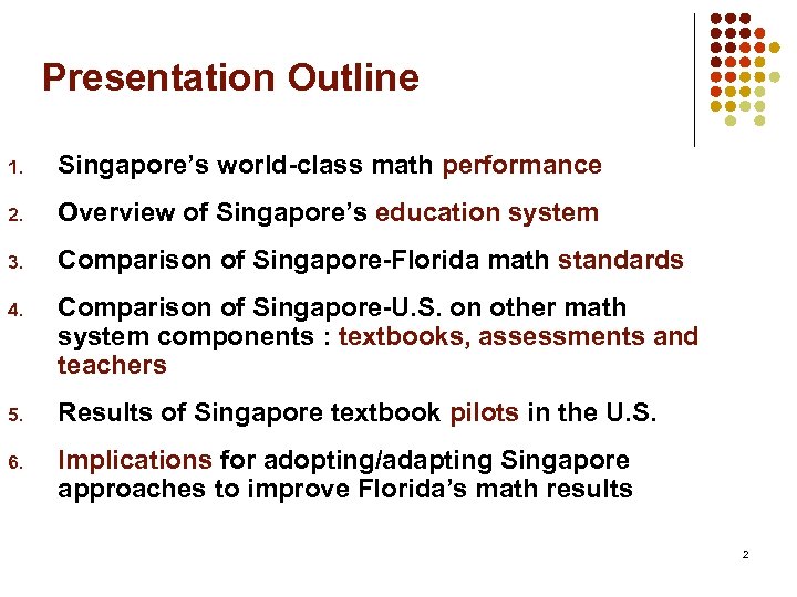Presentation Outline 1. Singapore’s world-class math performance 2. Overview of Singapore’s education system 3.
