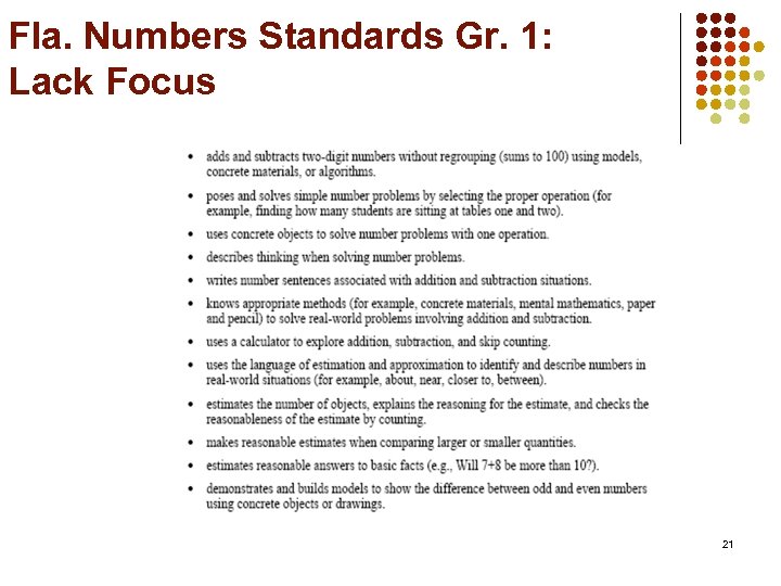 Fla. Numbers Standards Gr. 1: Lack Focus 21 