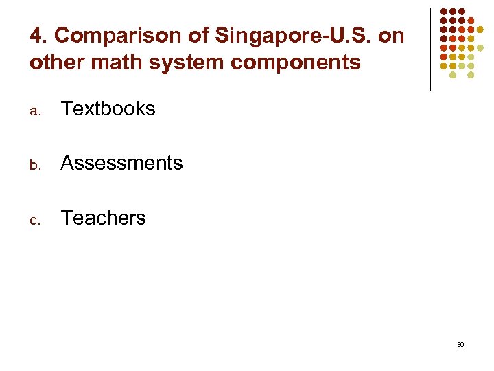 4. Comparison of Singapore-U. S. on other math system components a. Textbooks b. Assessments