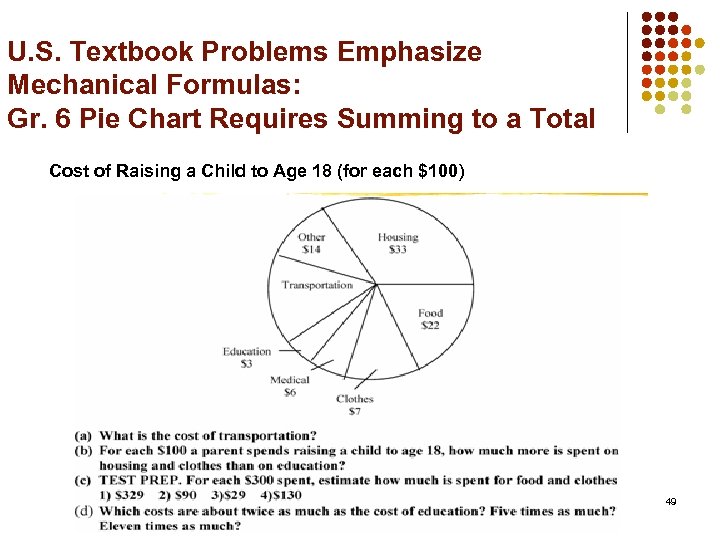 U. S. Textbook Problems Emphasize Mechanical Formulas: Gr. 6 Pie Chart Requires Summing to