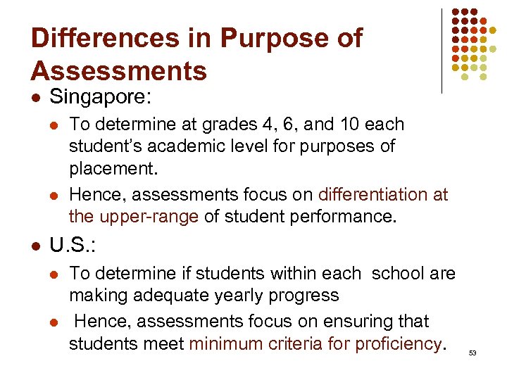 Differences in Purpose of Assessments l Singapore: l l l To determine at grades