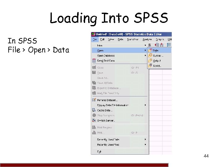 Loading Into SPSS In SPSS File > Open > Data 44 