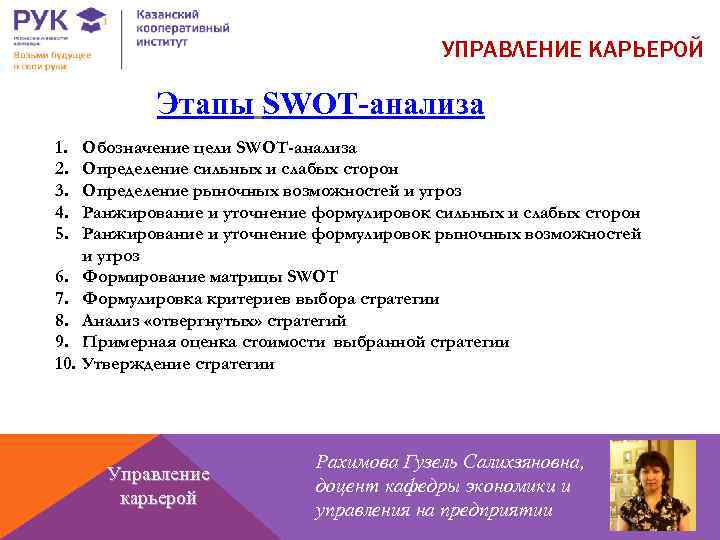 УПРАВЛЕНИЕ КАРЬЕРОЙ Этапы SWOT-анализа 1. 2. 3. 4. 5. 6. 7. 8. 9. 10.