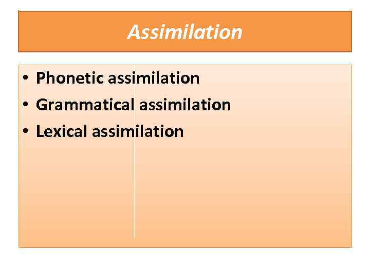 Assimilation • Phonetic assimilation • Grammatical assimilation • Lexical assimilation 
