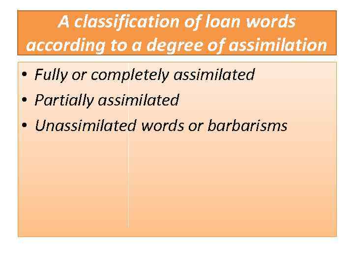 A classification of loan words according to a degree of assimilation • Fully or