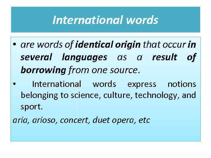 International words • are words of identical origin that occur in several languages as