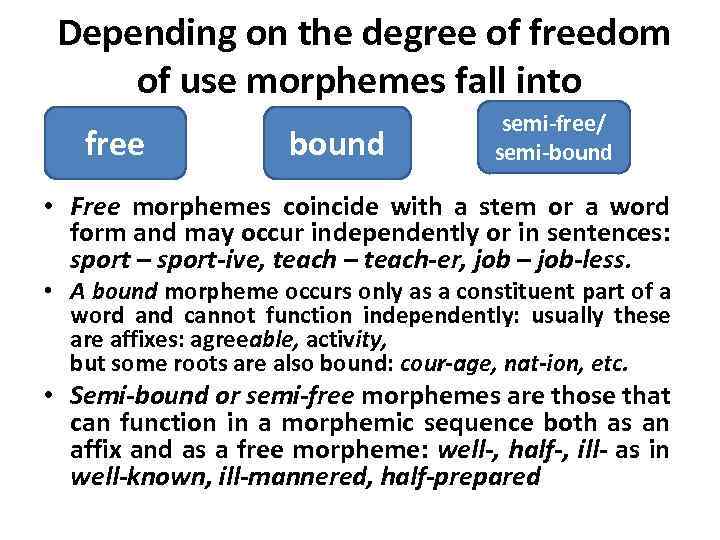 Depending on the degree of freedom of use morphemes fall into free bound semi-free/