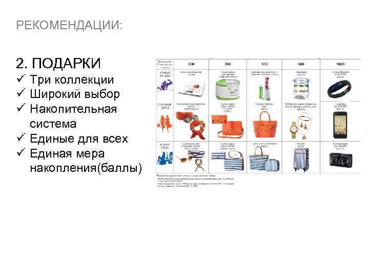 РЕКОМЕНДАЦИИ: 2. ПОДАРКИ ü Три коллекции ü Широкий выбор ü Накопительная система ü Единые