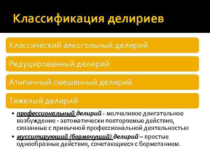 Классификация делириев Классический алкогольный делирий Редуцированный делирий Атипичный смешанный делирий Тяжелый делирий • профессиональный