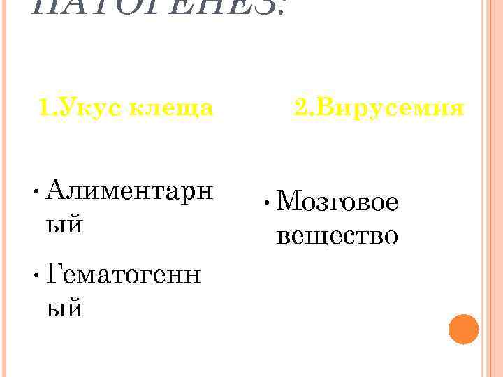 ПАТОГЕНЕЗ: 1. Укус клеща • Алиментарн ый • Гематогенн ый 2. Вирусемия • Мозговое