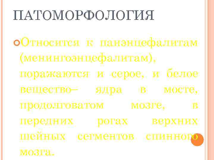 ПАТОМОРФОЛОГИЯ Относится к панэнцефалитам (менингоэнцефалитам), поражаются и серое, и белое вещество– ядра в мосте,