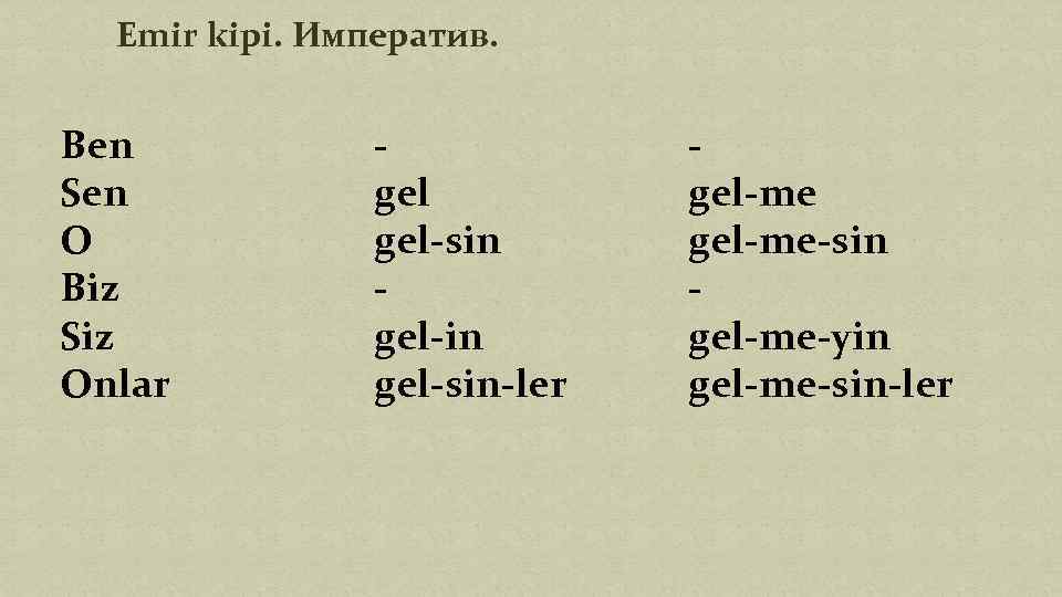 Emir kipi. Императив. Ben Sen O Biz Siz Onlar gel-sin-ler gel-me-sin gel-me-yin gel-me-sin-ler 