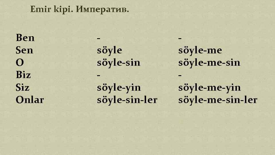 Emir kipi. Императив. Ben Sen O Biz Siz Onlar söyle-sin söyle-yin söyle-sin-ler söyle-me-sin söyle-me-yin
