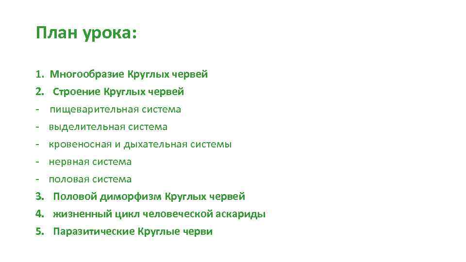 План урока: 1. Многообразие Круглых червей 2. 3. 4. 5. Строение Круглых червей пищеварительная