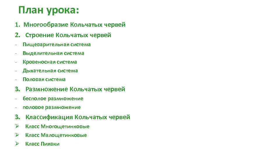 План урока: 1. Многообразие Кольчатых червей 2. Строение Кольчатых червей - Пищеварительная система Выделительная