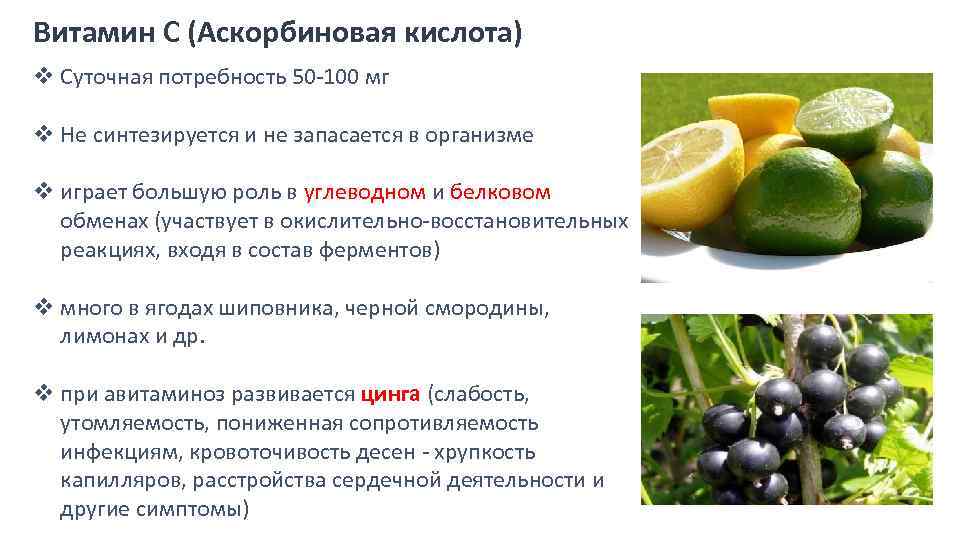 Витамин С (Аскорбиновая кислота) v Суточная потребность 50 -100 мг v Не синтезируется и