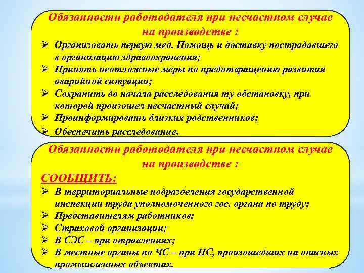 Обязанности работодателя при несчастном случае на производстве : Ø Организовать первую мед. Помощь и