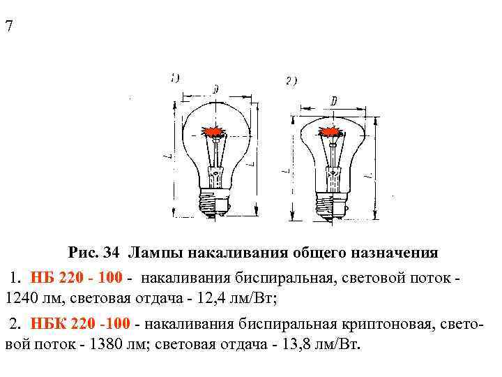 7 Рис. 34 Лампы накаливания общего назначения 1. НБ 220 - 100 - накаливания