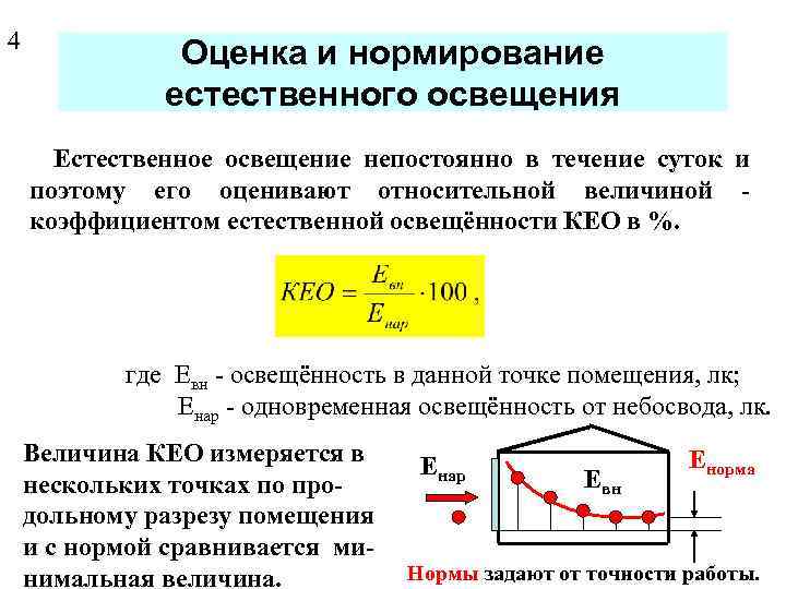 4 Оценка и нормирование естественного освещения Естественное освещение непостоянно в течение суток и поэтому