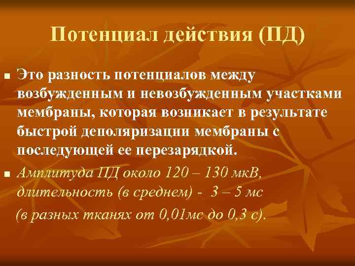 Потенциал действия (ПД) Это разность потенциалов между возбужденным и невозбужденным участками мембраны, которая возникает