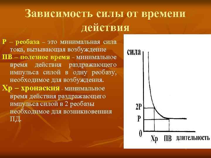 Зависимость силы от времени действия Р – реобаза – это минимальная сила тока, вызывающая