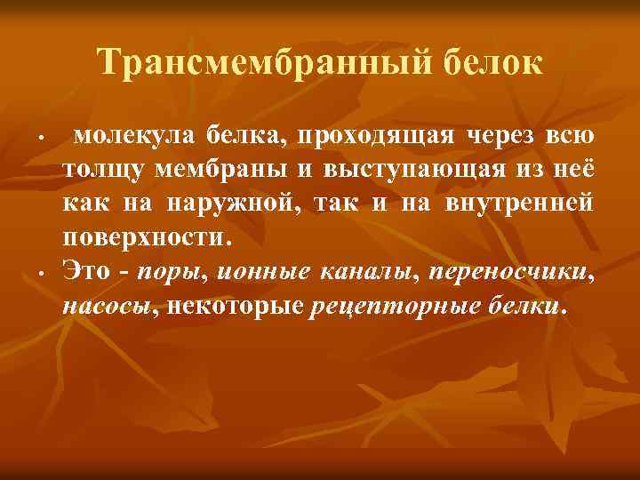 Трансмембранный белок • • молекула белка, проходящая через всю толщу мембраны и выступающая из