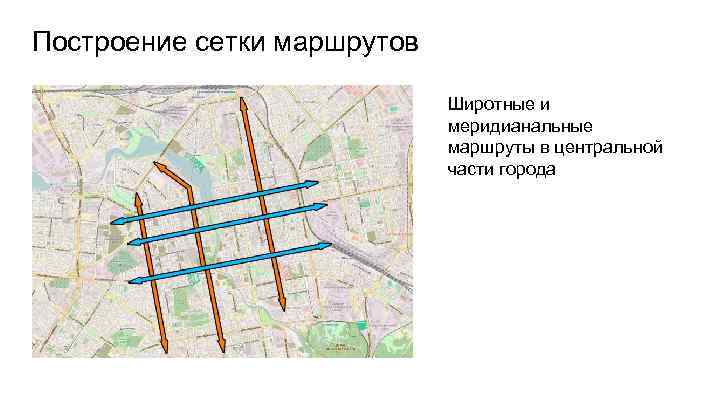 Построение сетки маршрутов Широтные и меридианальные маршруты в центральной части города 