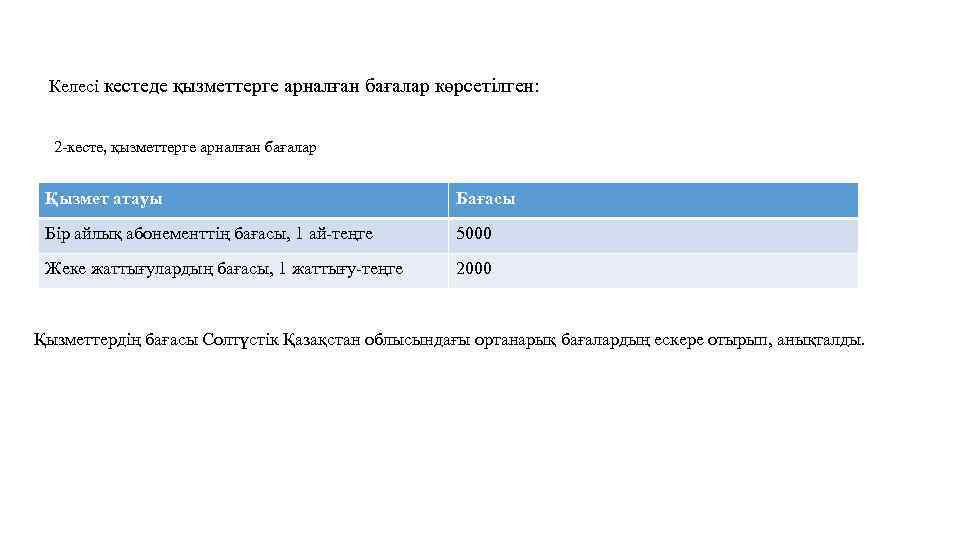 Келесі кестеде қызметтерге арналған бағалар көрсетілген: 2 -кесте, қызметтерге арналған бағалар Қызмет атауы Бағасы
