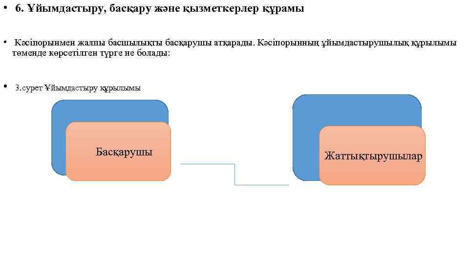  • 6. Ұйымдастыру, басқару және қызметкерлер құрамы • Кәсіпорынмен жалпы басшылықты басқарушы атқарады.