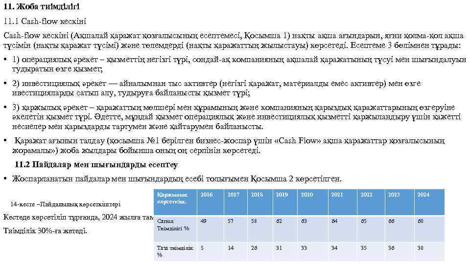 11. Жоба тиімділігі 11. 1 Cash-flow кескіні (Ақшалай қаражат қозғалысының есептемесі, Қосымша 1) нақты