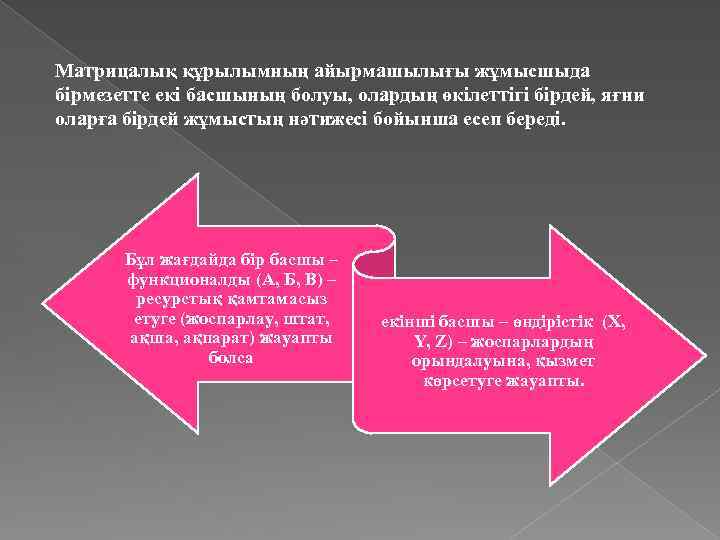 Матрицалық құрылымның айырмашылығы жұмысшыда бірмезетте екі басшының болуы, олардың өкілеттігі бірдей, яғни оларға бірдей